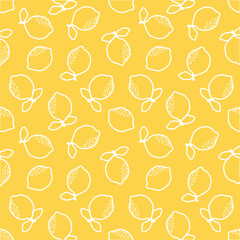 Vector seamless pattern with white outline lemons on yellow background