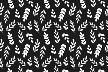 Floral seamless pattern with white leaf, leaves on black background for fabric