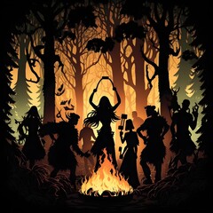 Naklejka premium Deep in an old growth forest an ancient celtic pagan tribe of young adults dance wildly around a fire full scene tribal people dancing around a fire wild dancing and singing ritual dance ancient 