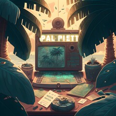 super cool and professionallooking article thumbnail for a project called PALM HEIST including with lotteries NFT scratch cards a lot of prizes and interesting games with palms beaches and symbols  - obrazy, fototapety, plakaty