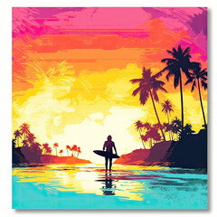 Surfer walking silhouette top of tropical beach white background, colorful vibrant AI Generated