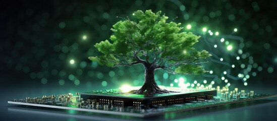 Tree growing on a computer circuit board at the intersection of nature technology and ethics
