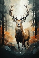 Illustration of a deer standing majestically in a Fantasy Forest, Wall Art, Living Room Wall Decor Artwork, Generative ai