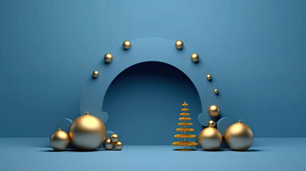 Stunning 3D Render of Blue Podium with Gold Arch Christmas Tree Decorations, AI Generated