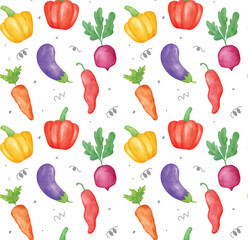 Colorful Organic Vegetable Illustration texture Watercolor Seamless Pattern Background. illustration is ideal for menus, wallpaper, and culinary themed projects.