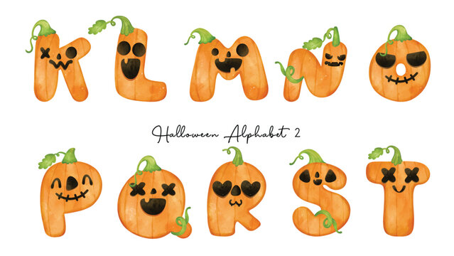 Halloween Pumpkin Alphabet Letter K-T, Cute Spooky Watercolor Characters, hand painted watercolor illustration, perfect for holiday projects, crafting greeting cards, decorations, or invitations.