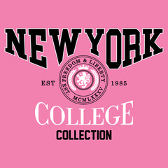 New York College slogan typography for t-shirt. Varsity slogan print tee shirt, sport apparel print. Freedom & Liberty, College Collection. Vector Illustration