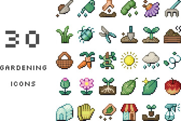 園芸に関する30個の懐かしかわいいドット絵アイコンセット