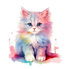 Kitty cartoon watercolor illustration, cute portrait of cat isolated on white background.