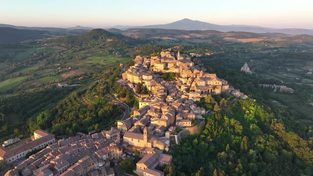 Montepulciano, Tuscany, aerial view of the medieval town at sunrise, in the province of Siena, Italy.