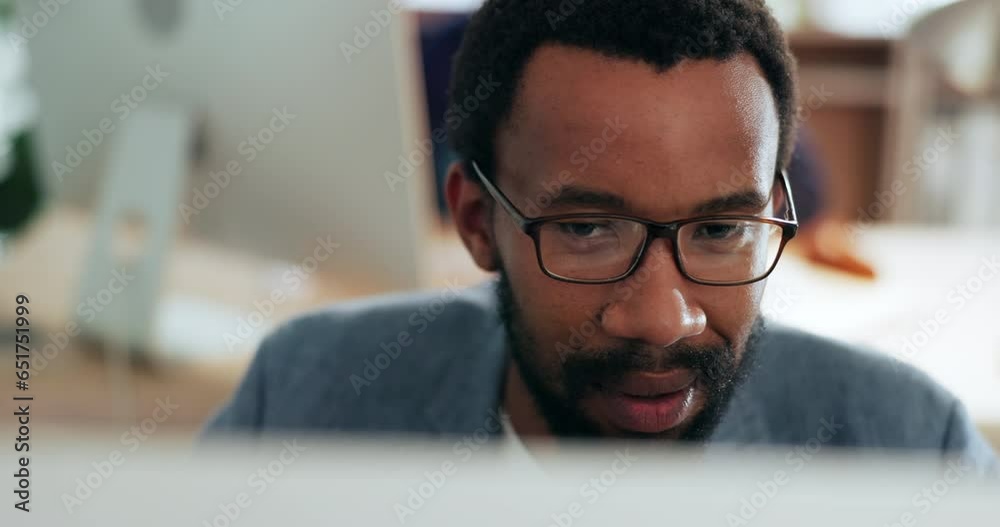 Aufkleber focus, businessman and computer with glasses reading email, report or internet scroll with happiness
