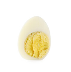 Half of peeled hard boiled quail egg on white background