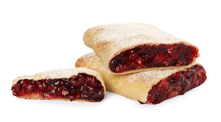 Obraz premium Delicious cut strudel with cherries isolated on white