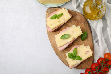 Delicious sandwiches with ham, cheese and products on light table, flat lay. Space for text