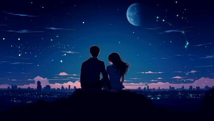 a couple watch  falling star in night, romantic moment video background anime style cartoon
