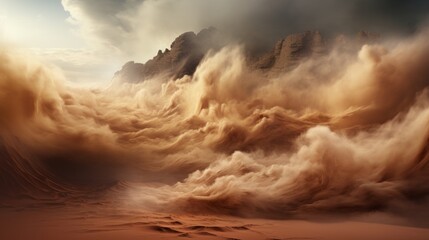 Billowing sand clouds across a vast sandy landscape. Generative AI. - obrazy, fototapety, plakaty