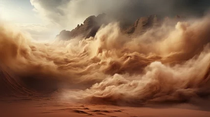 Deurstickers Billowing sand clouds across a vast sandy landscape. Generative AI. © Elle Arden 