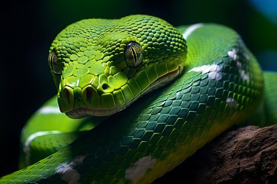 Close-Up Portrait of an Emerald Tree Boa