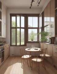Beautiful wooden kitchen. Nice and comfortable. With a nice window. Beautiful lighting.