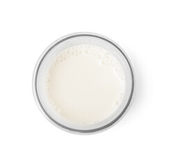 Glass of fresh milk isolated on white, top view