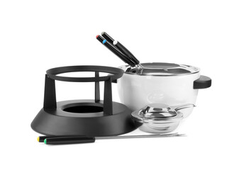 Fondue set isolated on white. Kitchen equipment