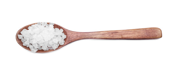 Wooden spoon with natural sea salt isolated on white, top view