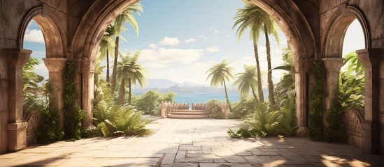 A sunny summer day with a door on an alley of palm trees