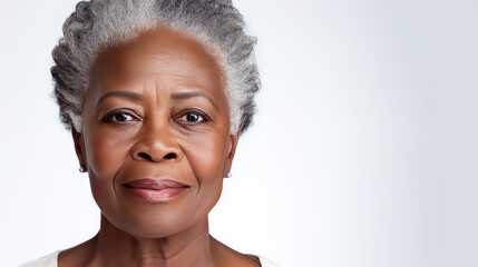 A close-up studio portrait captures the grace of a senior African American woman with grey hair, isolated on a white background, showcasing her timeless beauty.