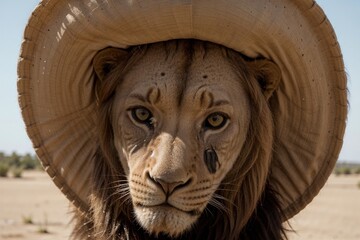 Majestic Lion in a Stylish Hat. AI Generated.