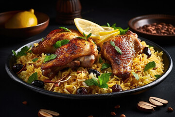 Plate of chicken with lemon and garlic on top, Generative AI