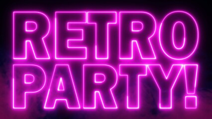 Retro Party text font with neon light. Luminous and shimmering haze inside the letters of the text RETRO PARTY neon sign. 