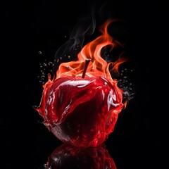 Red apple on fire, isolated on black, concept image, environmental and global warming climate change. Generative AI

