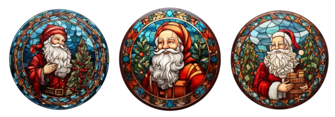 Photo sur Plexiglas Coloré Stained glass Christmas santa claus, snowflake, star and red hat colored round 