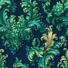 Fototapeta na wymiar Opulent Rococo motifs and Grand gestures in vibrant color seamless pattern, AI Generated