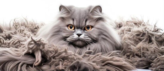 A Persian cat is surprised by its own fur after a haircut at a salon - obrazy, fototapety, plakaty