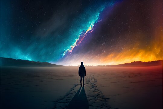 behind view of traveller walking into the distance across the horizon figure in centre of the image image taken at eye level wide camera view scifi landscape space night sky dusk minimalist very 