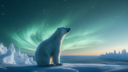 polar bear looking at northern lights - obrazy, fototapety, plakaty
