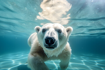 a polar bear swimming under water - obrazy, fototapety, plakaty