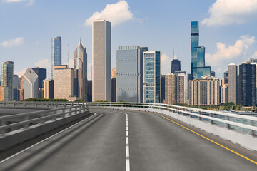 Empty urban asphalt road exterior with city buildings background. New modern highway concrete...