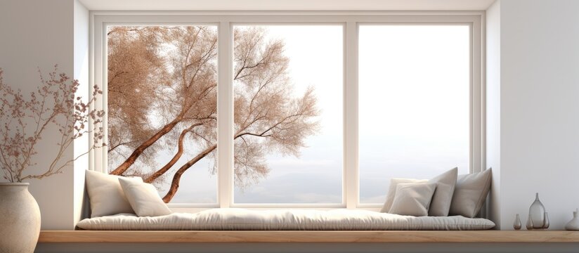 Fototapeta seat by side window in white room with wood seat and many pillows overlooking nature view through big windows