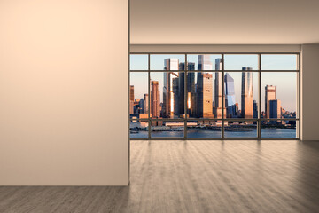 Midtown New York City Manhattan Skyline Buildings from High Rise Window. Mockup white wall. Real Estate. Empty room Interior Skyscrapers View Cityscape. Sunset. Hudson Yards West Side. 3d rendering - obrazy, fototapety, plakaty