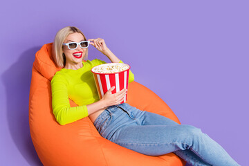Photo of positive optimistic girl wear trendy clothes watching comedy hand hold 3d goggles empty...