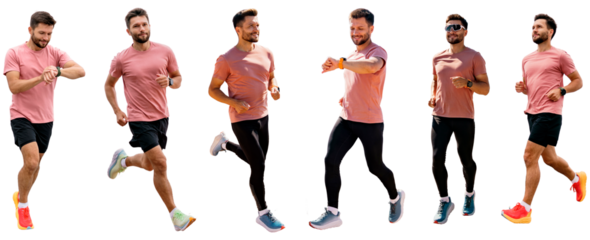 Collage athlete runner man fitness clothes full height fitness workout running shoes and T-shirt. People running different angles.