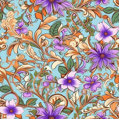 Fototapeta na wymiar Jasmine flowers and paisley motifs inter woven seamless pattern, AI Generated