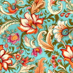 Jasmine flowers and paisley motifs inter woven seamless pattern, AI Generated
