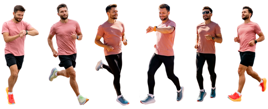 Collage athlete runner man fitness clothes full height fitness workout running shoes and T-shirt. People running different angles.