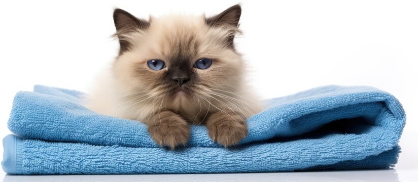 Freshly bathed Persian cat in seal color sitting on a white towel