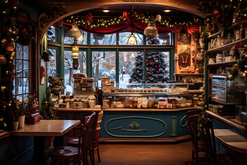 Fototapeta na wymiar Embrace the Festive Charm of a Christmas Decoration Coffee Shop: Cozy Seating, Aromatic Blends, and a Majestic Christmas Tree Illuminating the Scene 