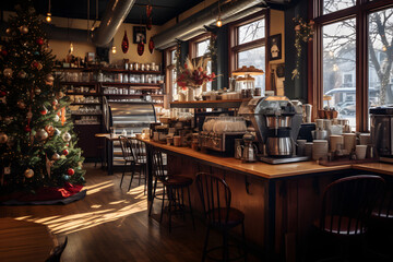 Fototapeta na wymiar Step into the Warmth of the Season: Capturing the Cozy Atmosphere of a Christmas Decoration Coffee Shop with a Beautifully Adorned Christmas Tree 