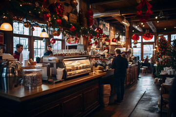 Fototapeta na wymiar Step into Christmas Decoration Coffee Shop: Cozy Seating and Aromatic Blends Await 